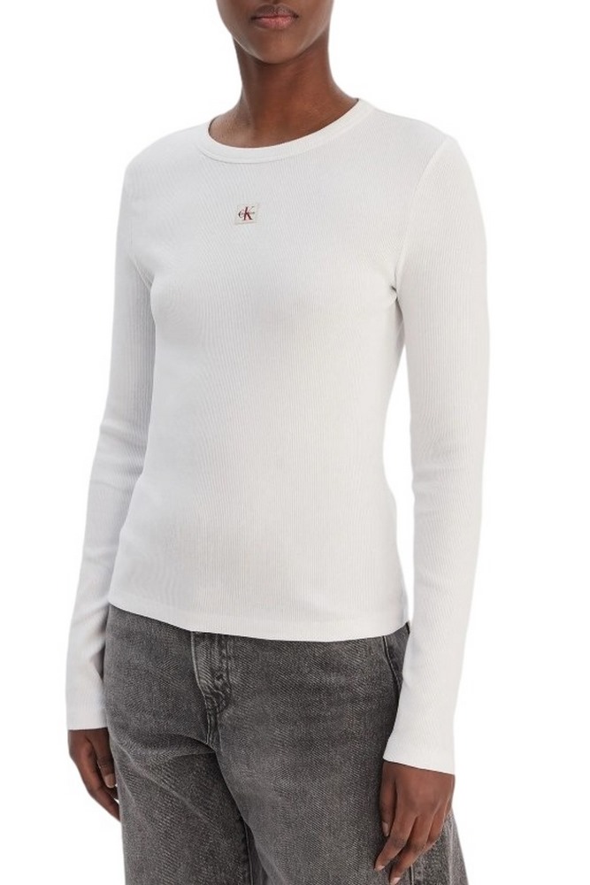 CALVIN KLEIN JEANS LS WOVEN LABEL 2X2 RIB CREW TOP ΜΠΛΟΥΖΑ ΓΥΝΑΙΚΕΙΑ WHITE