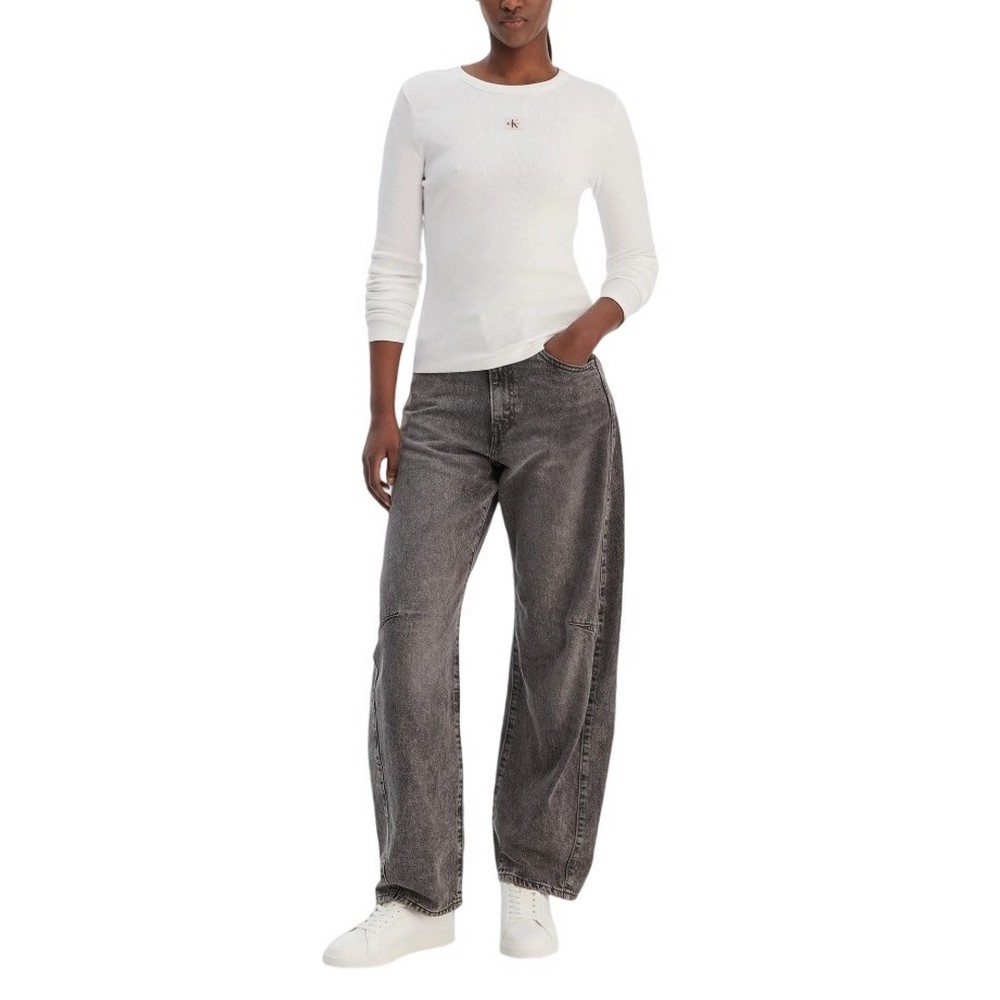 CALVIN KLEIN JEANS LS WOVEN LABEL 2X2 RIB CREW TOP ΜΠΛΟΥΖΑ ΓΥΝΑΙΚΕΙΑ WHITE