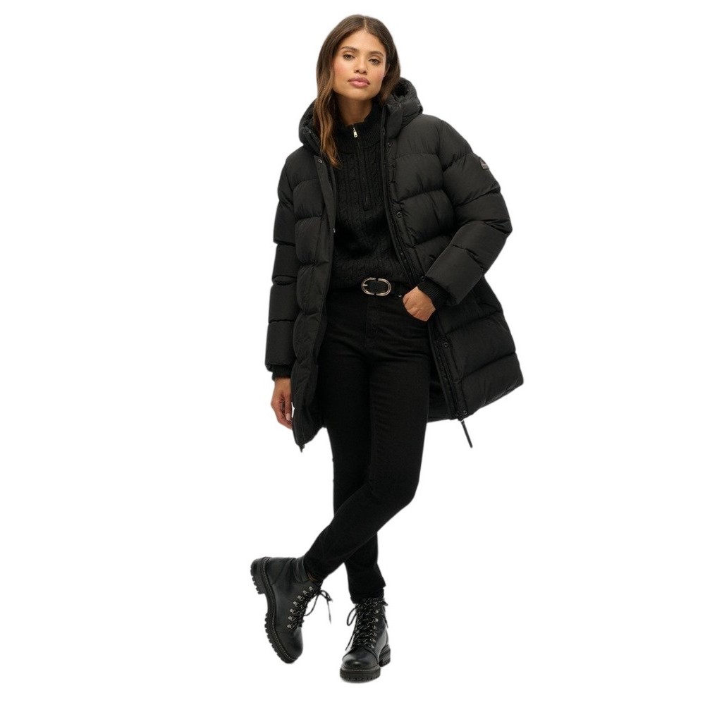 SUPERDRY D1 SDSW HOODED SPORTS PUFFER MID JKT ΜΠΟΥΦΑΝ ΓΥΝΑΙΚΕΙΟ BLACK