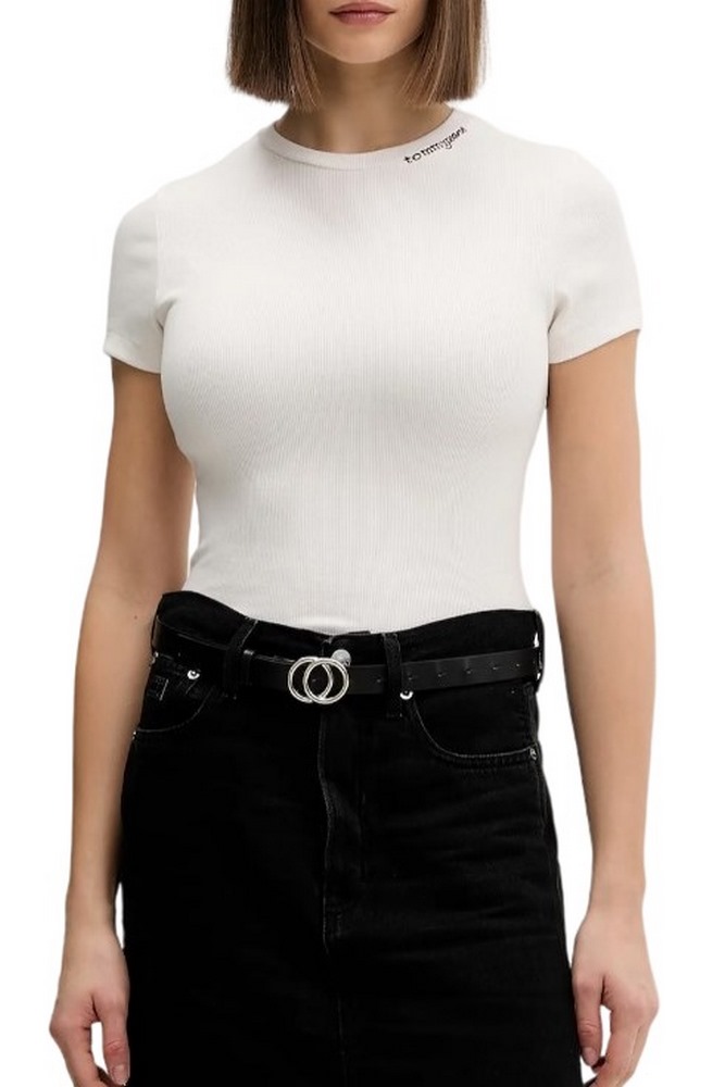 TOMMY JEANS SLIM GMD SCRIPT RIB TEE T-SHIRT ΜΠΛΟΥΖΑ ΓΥΝΑΙΚΕΙΑ OFF WHITE