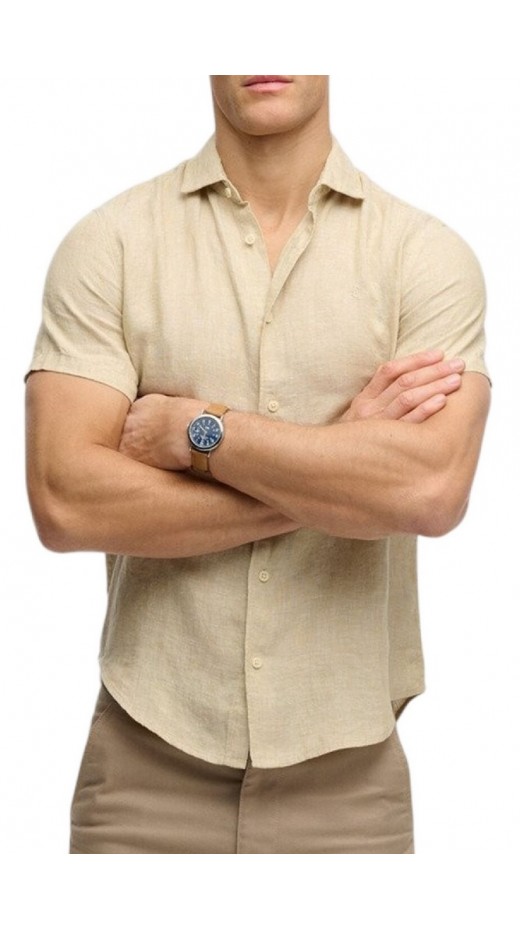 SUPERDRY D3 STUD RIVIERA S/S LINEN SHIRT ΠΟΥΚΑΜΙΣΟ ΑΝΔΡΙΚΟ TAN