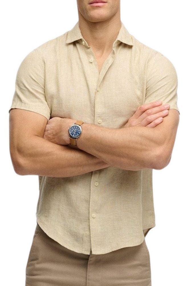 SUPERDRY D3 STUD RIVIERA S/S LINEN SHIRT ΠΟΥΚΑΜΙΣΟ ΑΝΔΡΙΚΟ TAN