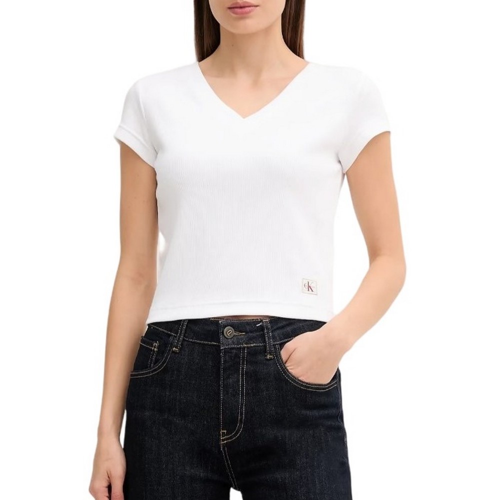 CALVIN KLEIN JEANS  WOVEN LABEL RIB VNECK T-SHIRT ΜΠΛΟΥΖΑ ΓΥΝΑΙΚΕΙΑ WHITE