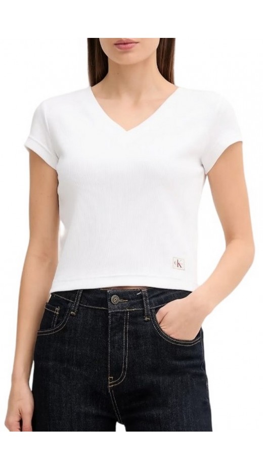 CALVIN KLEIN JEANS  WOVEN LABEL RIB VNECK T-SHIRT ΜΠΛΟΥΖΑ ΓΥΝΑΙΚΕΙΑ WHITE