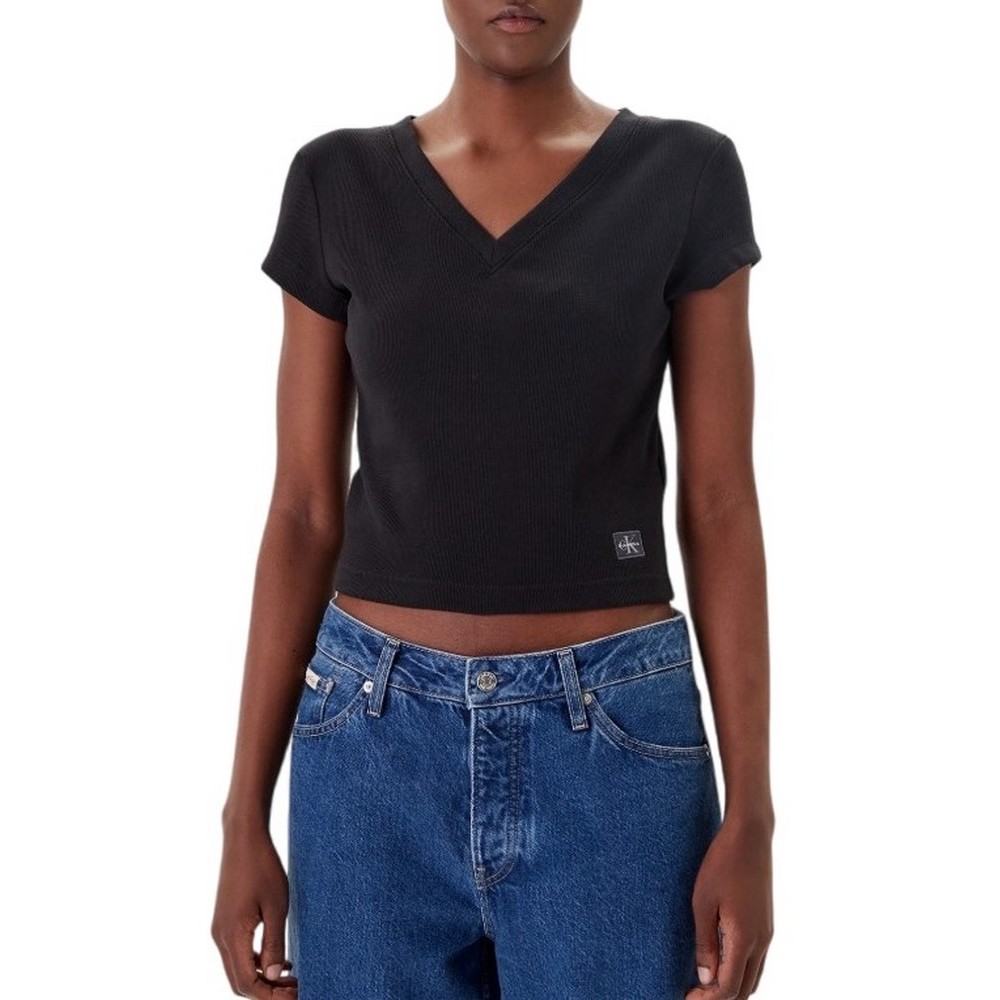 CALVIN KLEIN JEANS  WOVEN LABEL RIB VNECK T-SHIRT ΜΠΛΟΥΖΑ ΓΥΝΑΙΚΕΙΑ BLACK