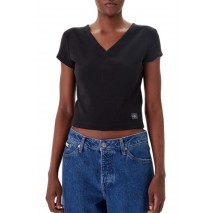 CALVIN KLEIN JEANS  WOVEN LABEL RIB VNECK T-SHIRT ΜΠΛΟΥΖΑ ΓΥΝΑΙΚΕΙΑ BLACK