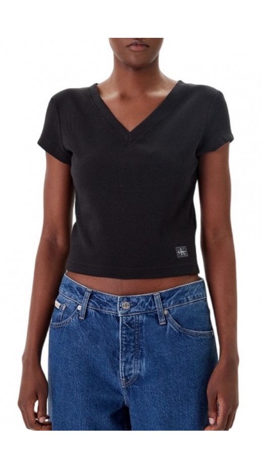 CALVIN KLEIN JEANS  WOVEN LABEL RIB VNECK T-SHIRT ΜΠΛΟΥΖΑ ΓΥΝΑΙΚΕΙΑ BLACK