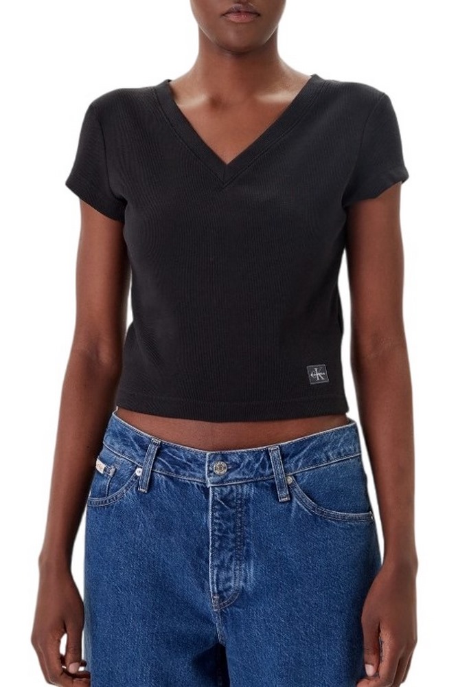 CALVIN KLEIN JEANS  WOVEN LABEL RIB VNECK T-SHIRT ΜΠΛΟΥΖΑ ΓΥΝΑΙΚΕΙΑ BLACK