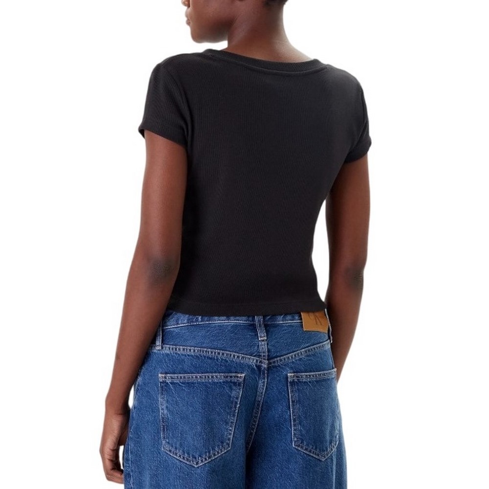 CALVIN KLEIN JEANS  WOVEN LABEL RIB VNECK T-SHIRT ΜΠΛΟΥΖΑ ΓΥΝΑΙΚΕΙΑ BLACK