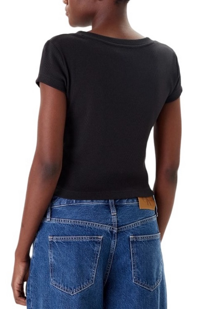 CALVIN KLEIN JEANS  WOVEN LABEL RIB VNECK T-SHIRT ΜΠΛΟΥΖΑ ΓΥΝΑΙΚΕΙΑ BLACK
