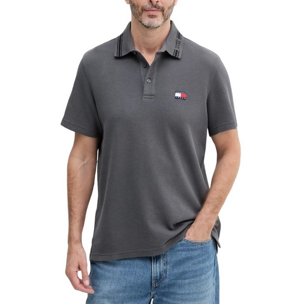 TOMMY JEANS REG BRANDED NECK POLO EXT T-SHIRT ΜΠΛΟΥΖΑ ΑΝΔΡΙΚΗ WASHED BLACK