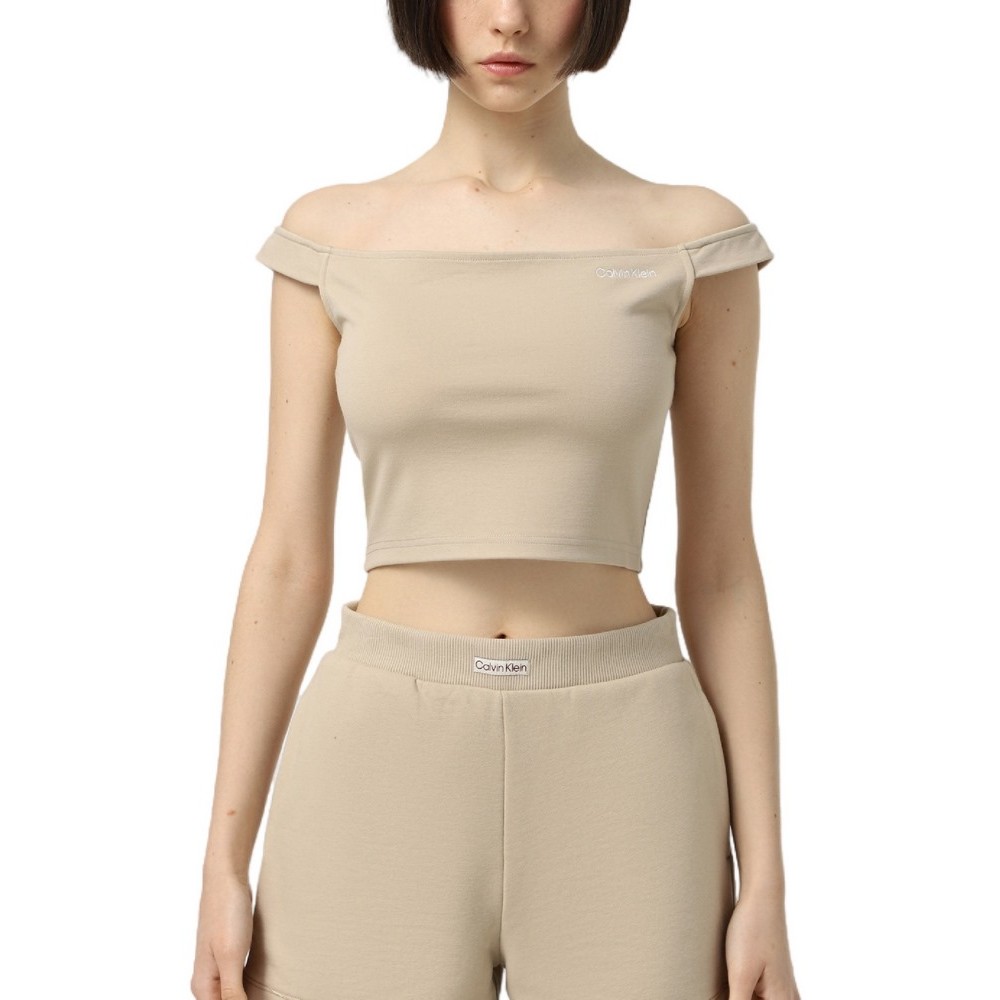 CALVIN KLEIN JEANS LOGO ELASTIC BARDOT MILANO TOP ΤΟΠ ΓΥΝΑΙΚΕΙΑ BEIGE