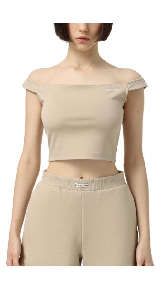 CALVIN KLEIN JEANS LOGO ELASTIC BARDOT MILANO TOP ΤΟΠ ΓΥΝΑΙΚΕΙΑ BEIGE