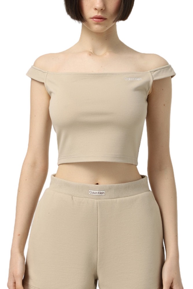 CALVIN KLEIN JEANS LOGO ELASTIC BARDOT MILANO TOP ΤΟΠ ΓΥΝΑΙΚΕΙΑ BEIGE