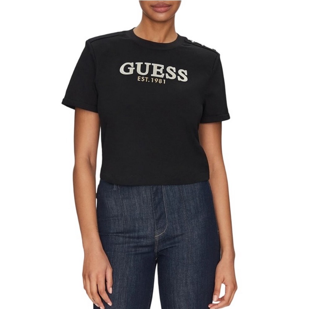 GUESS CROPPED WASHED LOGO TEE T-SHIRT ΜΠΛΟΥΖΑ ΓΥΝΑΙΚΕΙΑ BLACK