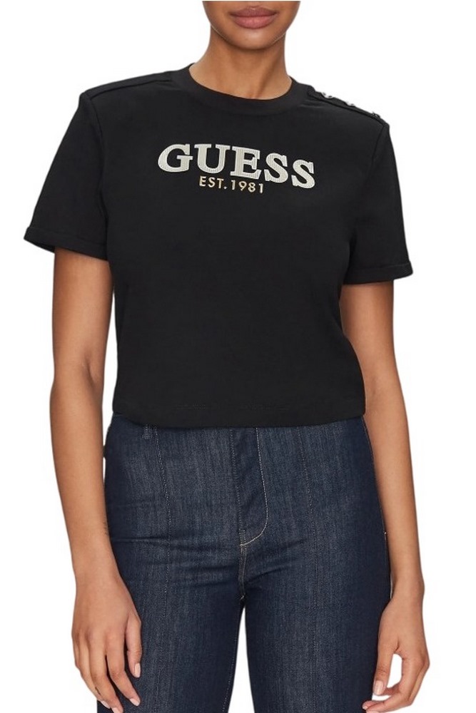 GUESS CROPPED WASHED LOGO TEE T-SHIRT ΜΠΛΟΥΖΑ ΓΥΝΑΙΚΕΙΑ BLACK