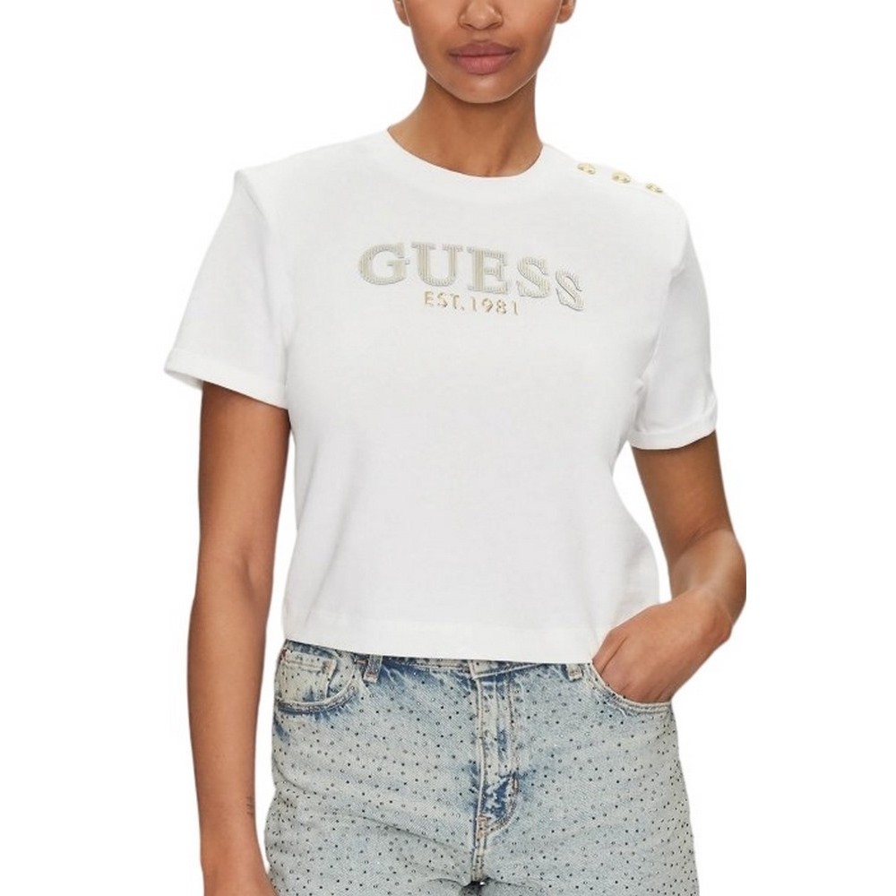 GUESS CROPPED WASHED LOGO TEE T-SHIRT ΜΠΛΟΥΖΑ ΓΥΝΑΙΚΕΙΑ WHITE