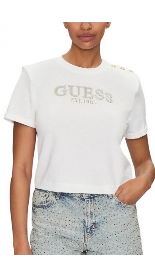 GUESS CROPPED WASHED LOGO TEE T-SHIRT ΜΠΛΟΥΖΑ ΓΥΝΑΙΚΕΙΑ WHITE