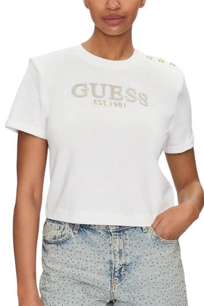 GUESS CROPPED WASHED LOGO TEE T-SHIRT ΜΠΛΟΥΖΑ ΓΥΝΑΙΚΕΙΑ WHITE