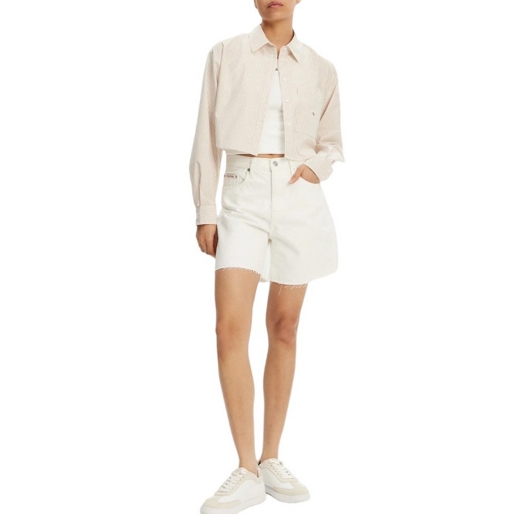 CALVIN KLEIN JEANS WOVEN LABEL CROPPED SHIRT ΠΟΥΚΑΜΙΣΟ ΓΥΝΑΙΚΕΙΟ WHITE/BROWN