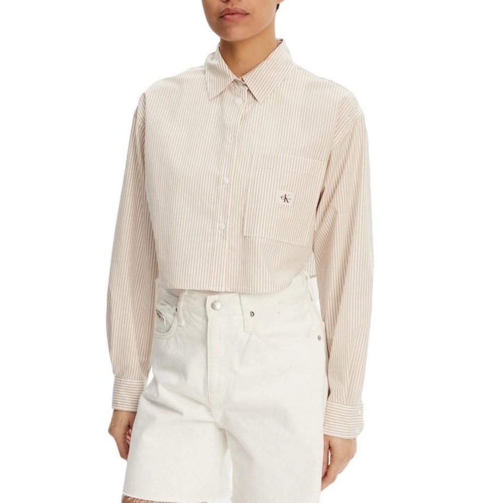 CALVIN KLEIN JEANS WOVEN LABEL CROPPED SHIRT ΠΟΥΚΑΜΙΣΟ ΓΥΝΑΙΚΕΙΟ WHITE/BROWN