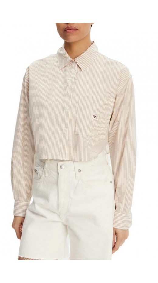 CALVIN KLEIN JEANS WOVEN LABEL CROPPED SHIRT ΠΟΥΚΑΜΙΣΟ ΓΥΝΑΙΚΕΙΟ WHITE/BROWN
