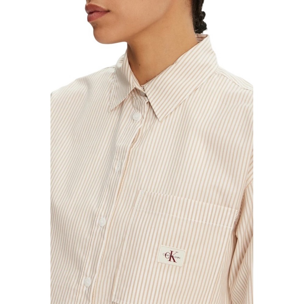 CALVIN KLEIN JEANS WOVEN LABEL CROPPED SHIRT ΠΟΥΚΑΜΙΣΟ ΓΥΝΑΙΚΕΙΟ WHITE/BROWN