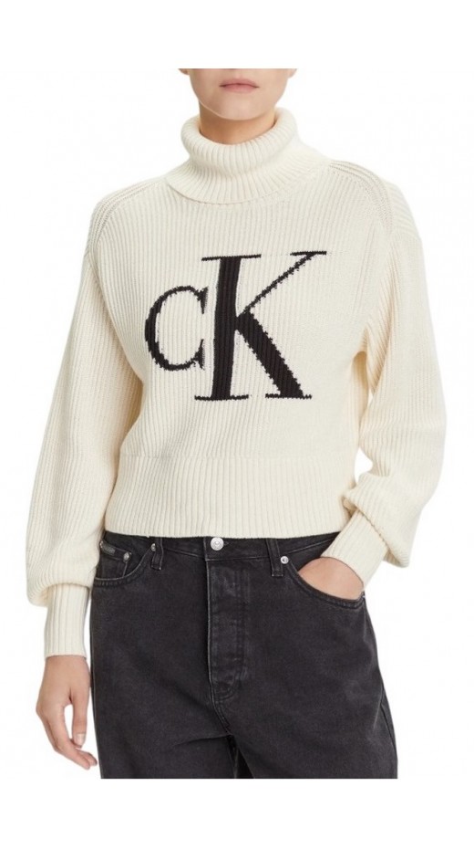 CALVIN KLEIN JEANS BLOWN UP CK LOOSE SWEATER CONTRA ΜΠΛΟΥΖΑ ΠΛΕΚΤΗ ΓΥΝΑΙΚΕΙΑ ECRU