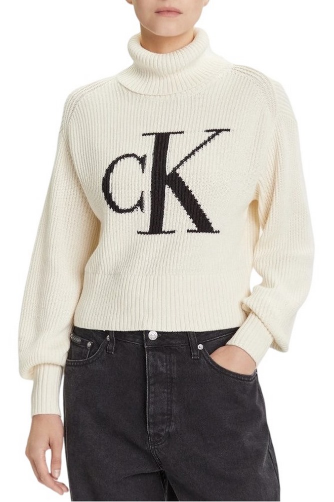 CALVIN KLEIN JEANS BLOWN UP CK LOOSE SWEATER CONTRA ΜΠΛΟΥΖΑ ΠΛΕΚΤΗ ΓΥΝΑΙΚΕΙΑ ECRU