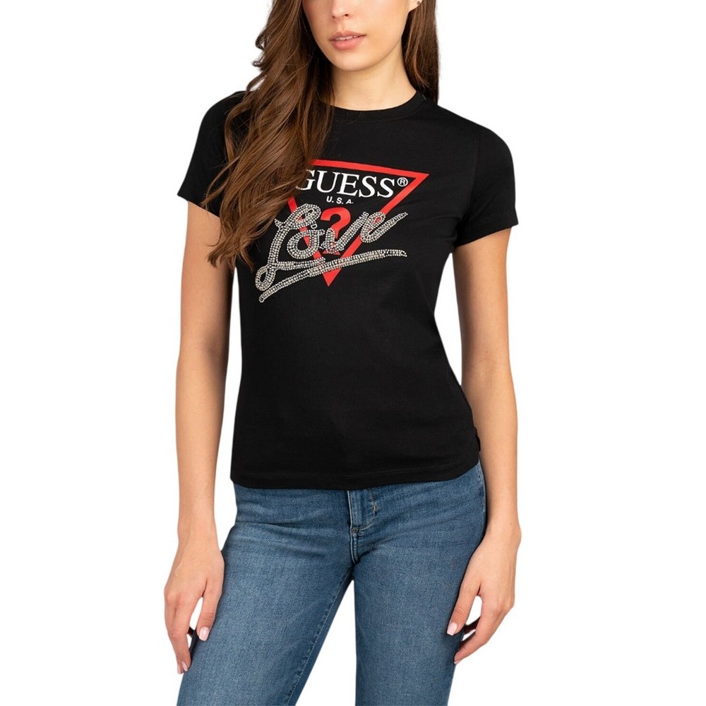 GUESS SS CN TRIANGLE LOVE TEE T-SHIRT ΜΠΛΟΥΖΑ ΓΥΝΑΙΚΕΙΑ BLACK