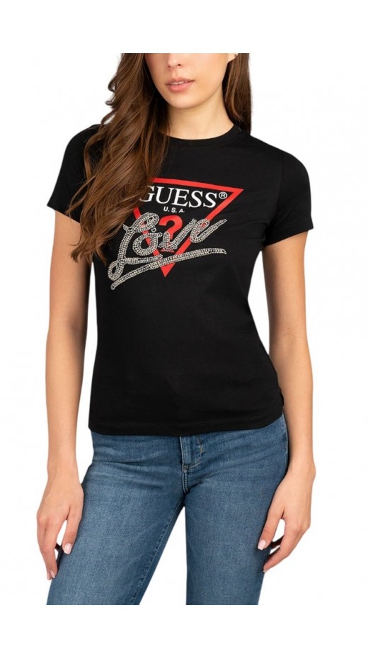 GUESS SS CN TRIANGLE LOVE TEE T-SHIRT ΜΠΛΟΥΖΑ ΓΥΝΑΙΚΕΙΑ BLACK
