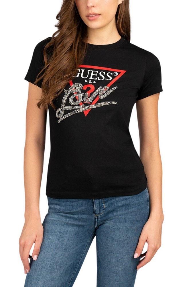 GUESS SS CN TRIANGLE LOVE TEE T-SHIRT ΜΠΛΟΥΖΑ ΓΥΝΑΙΚΕΙΑ BLACK