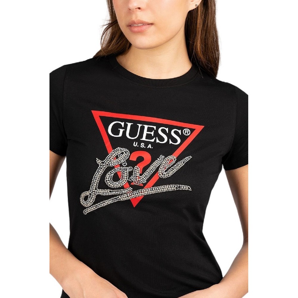 GUESS SS CN TRIANGLE LOVE TEE T-SHIRT ΜΠΛΟΥΖΑ ΓΥΝΑΙΚΕΙΑ BLACK