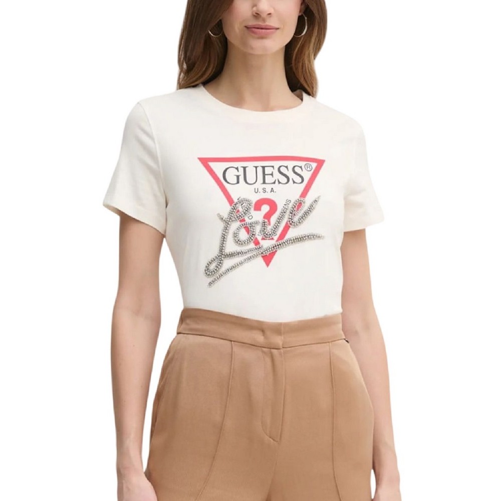 GUESS SS CN TRIANGLE LOVE TEE T-SHIRT ΜΠΛΟΥΖΑ ΓΥΝΑΙΚΕΙΑ WHITE