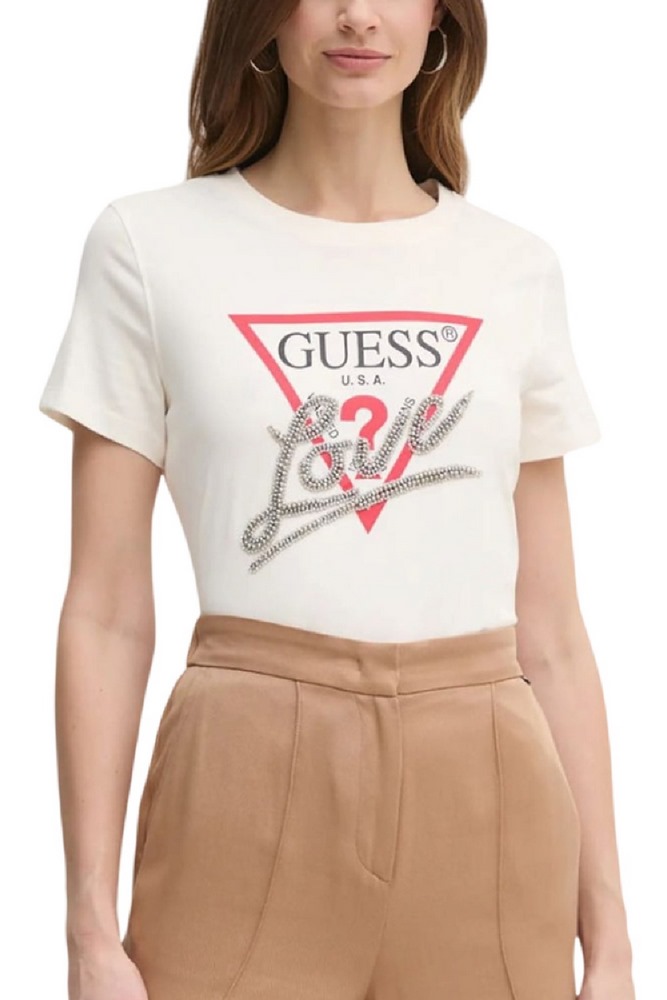GUESS SS CN TRIANGLE LOVE TEE T-SHIRT ΜΠΛΟΥΖΑ ΓΥΝΑΙΚΕΙΑ WHITE