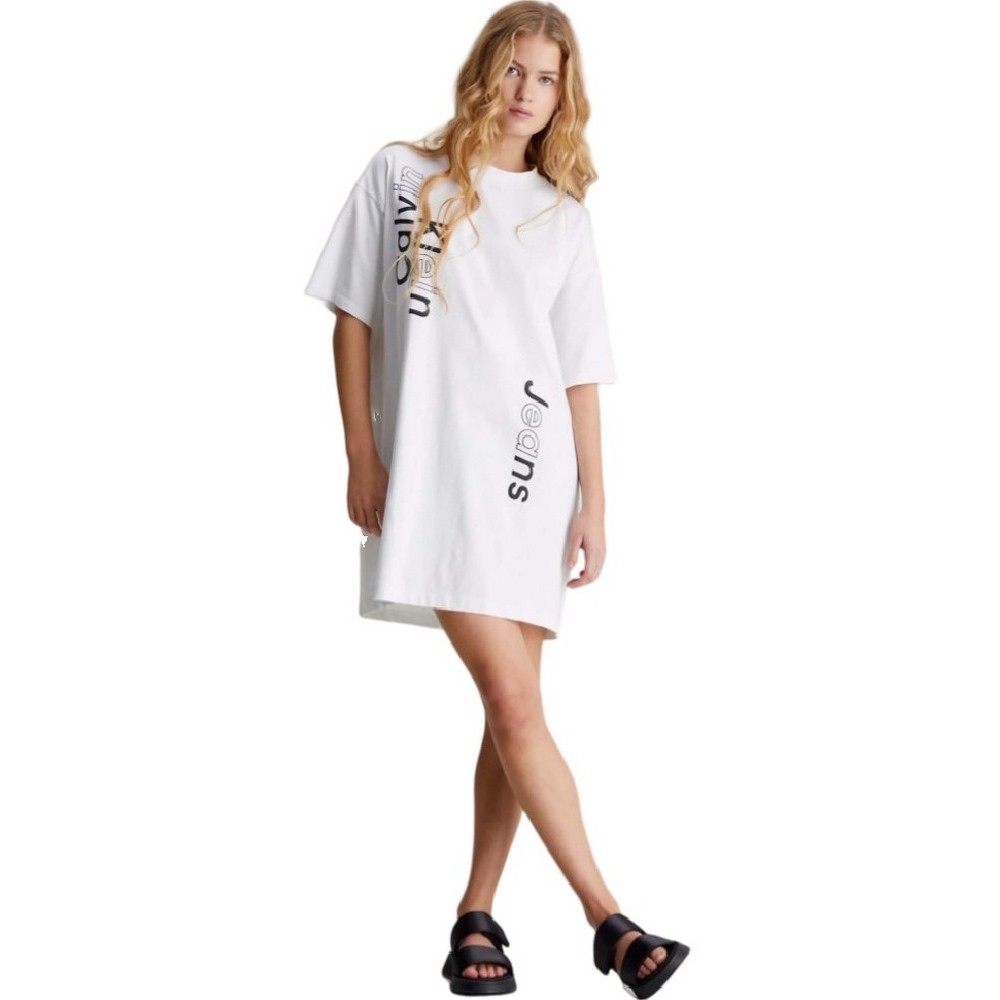 CALVIN KLEIN JEANS MULTI PLACEMENT LOGO DRESS ΦΟΡΕΜΑ ΓΥΝΑΙΚΕΙΟ BRIGHT WHITE