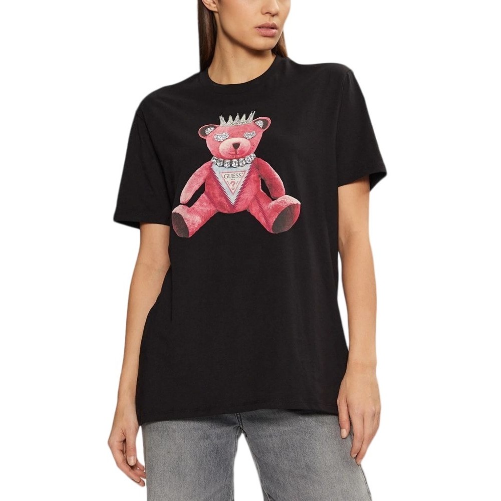 GUESS PINK BEAR NEW CREW TEE T-SHIRT ΜΠΛΟΥΖΑ ΓΥΝΑΙΚΕΙΑ BLACK