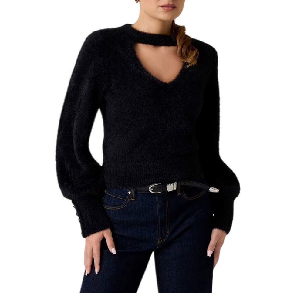 GUESS YUKI FUZ CUT-OUT SWEATER ΜΠΛΟΥΖΑ ΠΛΕΚΤΗ  ΓΥΝΑΙΚΕΙΑ BLACK