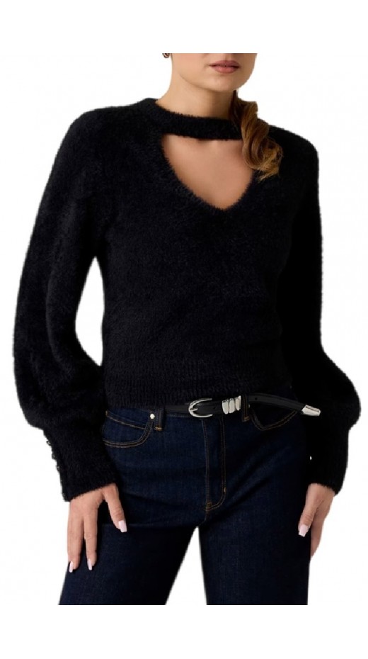 GUESS YUKI FUZ CUT-OUT SWEATER ΜΠΛΟΥΖΑ ΠΛΕΚΤΗ  ΓΥΝΑΙΚΕΙΑ BLACK
