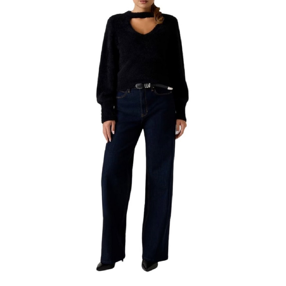 GUESS YUKI FUZ CUT-OUT SWEATER ΜΠΛΟΥΖΑ ΠΛΕΚΤΗ  ΓΥΝΑΙΚΕΙΑ BLACK