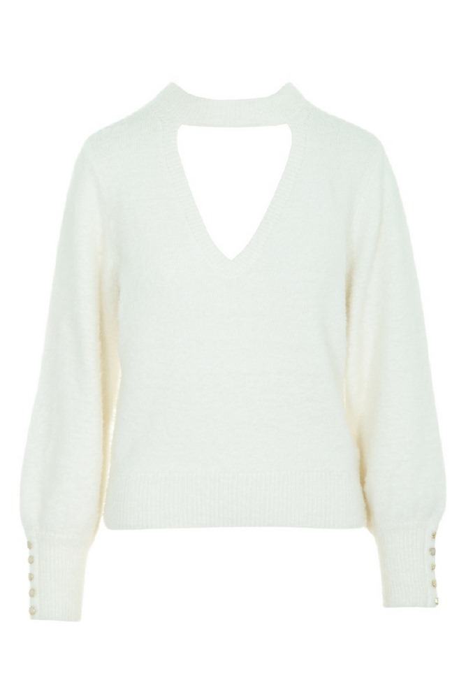 GUESS YUKI FUZ CUT-OUT SWEATER ΜΠΛΟΥΖΑ ΠΛΕΚΤΗ  ΓΥΝΑΙΚΕΙΑ OFF WHITE