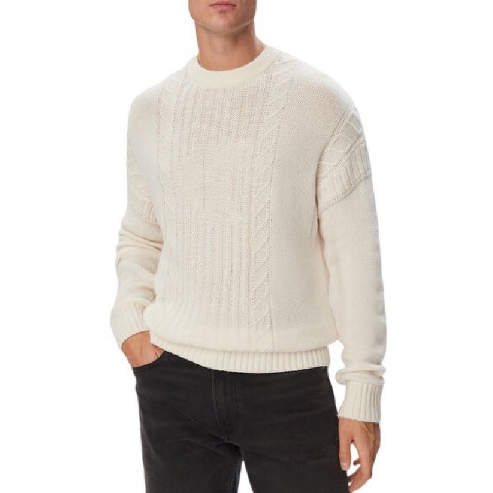 CALVIN KLEIN JEANS LOGO CABLE CREW 3GG ΜΠΛΟΥΖΑ ΠΛΕΚΤΗ ΑΝΔΡΙΚΗ OFF WHITE