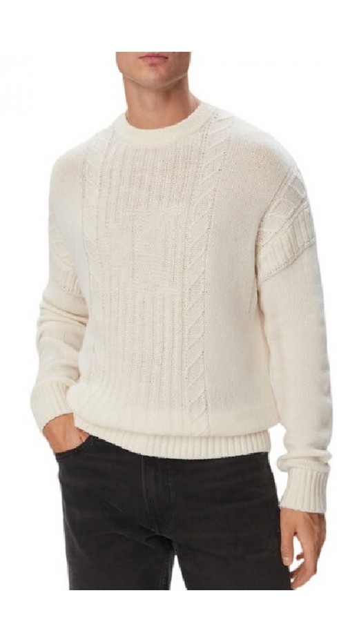 CALVIN KLEIN JEANS LOGO CABLE CREW 3GG ΜΠΛΟΥΖΑ ΠΛΕΚΤΗ ΑΝΔΡΙΚΗ OFF WHITE