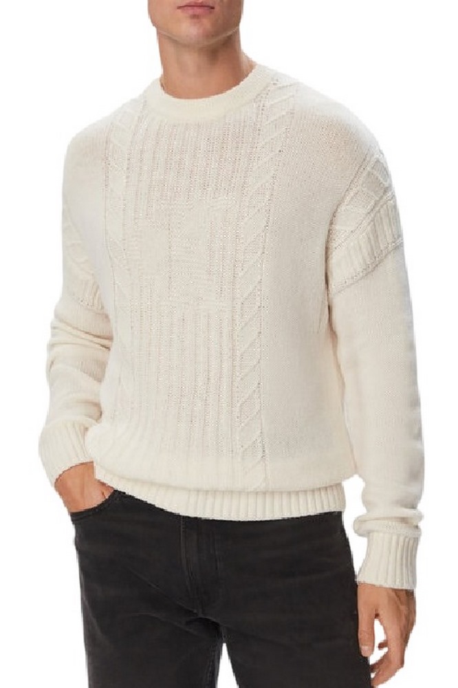 CALVIN KLEIN JEANS LOGO CABLE CREW 3GG ΜΠΛΟΥΖΑ ΠΛΕΚΤΗ ΑΝΔΡΙΚΗ OFF WHITE