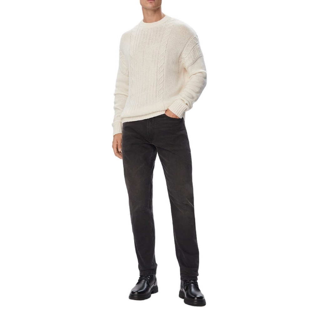 CALVIN KLEIN JEANS LOGO CABLE CREW 3GG ΜΠΛΟΥΖΑ ΠΛΕΚΤΗ ΑΝΔΡΙΚΗ OFF WHITE