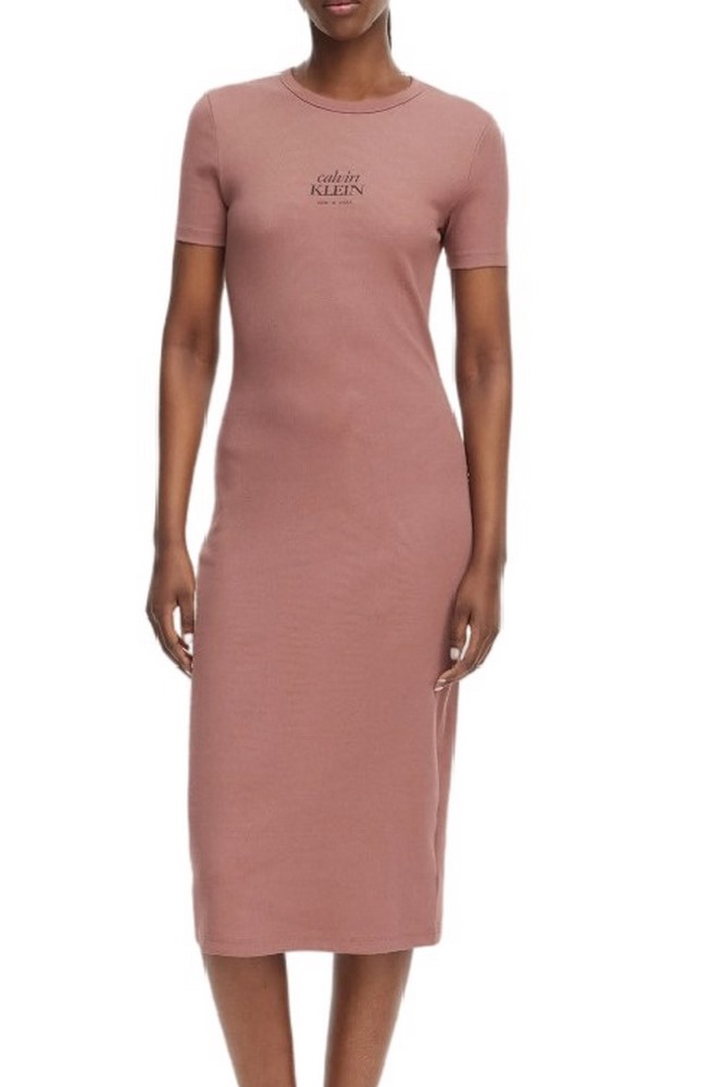 CALVIN KLEIN JEANS 2X2 BABY RIB LOGO MIDI DRESS ΦΟΡΕΜΑ ΓΥΝΑΙΚΕΙΟ BROWN