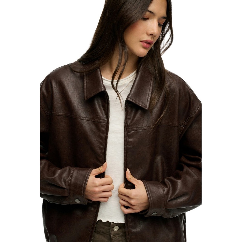 SUPERDRY COLLARED OVERSIZED BOMBER ΜΠΟΥΦΑΝ ΓΥΝΑΙΚΕΙΟ DARK BROWN