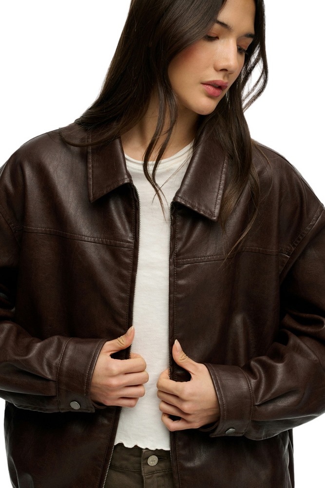 SUPERDRY COLLARED OVERSIZED BOMBER ΜΠΟΥΦΑΝ ΓΥΝΑΙΚΕΙΟ DARK BROWN