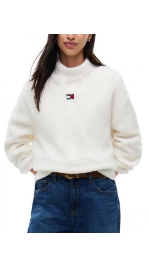 TOMMY JEANS CROP BADGE SWEATER ALPACA ΜΠΛΟΥΖΑ ΠΛΕΚΤΗ ΓΥΝΑΙΚΕΙΑ OFF WHITE