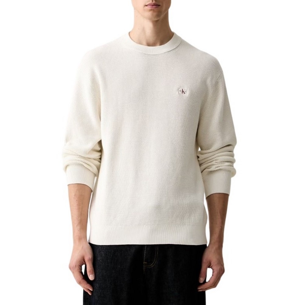 CALVIN KLEIN JEANS CLSC CTTN WFL CRWNK SWTR 9GG ΜΠΛΟΥΖΑ ΠΛΕΚΤΗ ΑΝΔΡΙΚΗ OFF WHITE